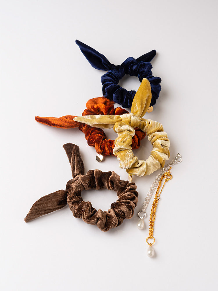 【SARARTH + TRESSE】GOLD Vegan pearl bracelet & MIA ruban chouchou in Brown